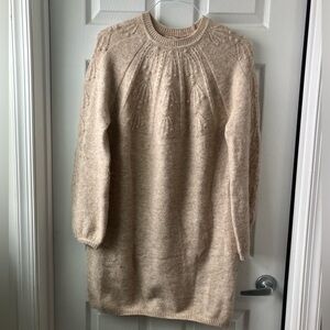 Boden Cable Knit Sweater Dress Long Balloon Sleeve Cream Wool Blend Womens 8
